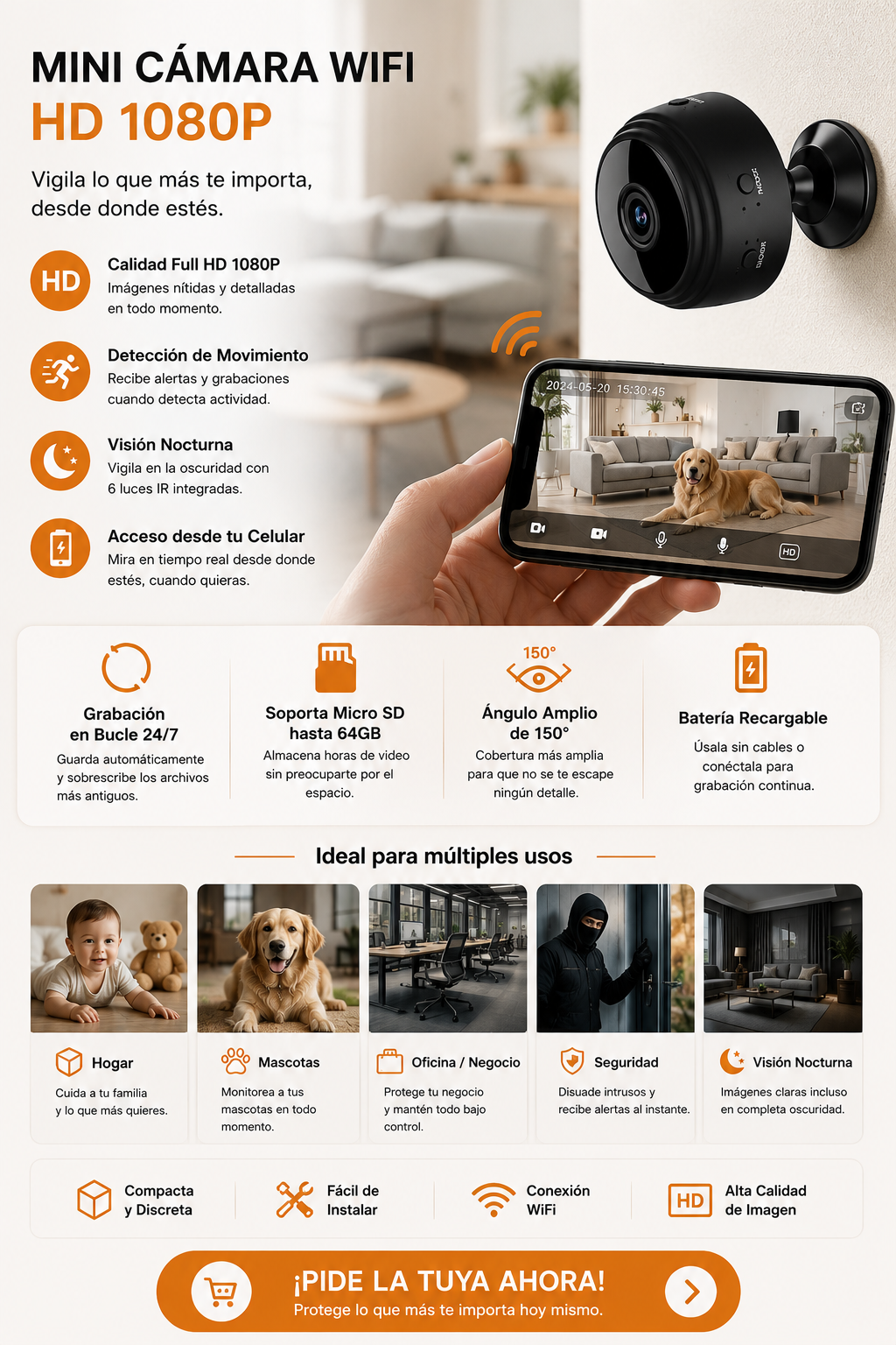 Mini Cámara Go PRO™  WiFi HD 1080P con Detección de Movimiento