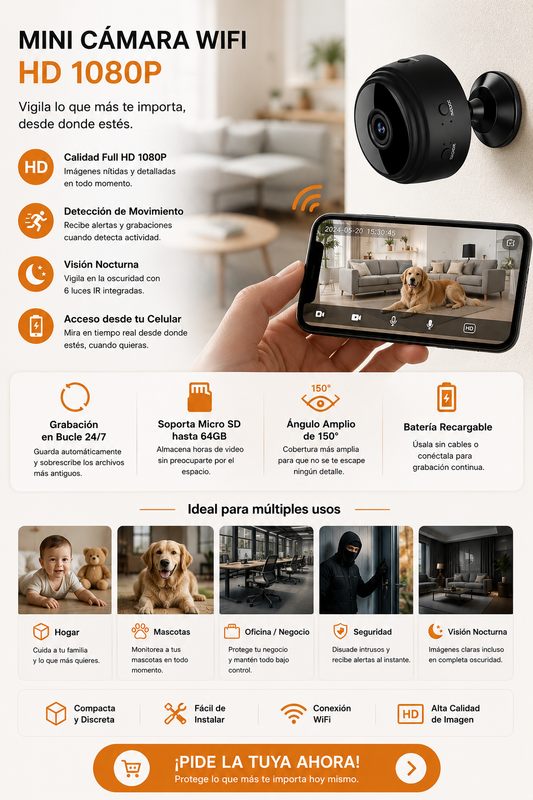 Mini Cámara Go PRO™  WiFi HD 1080P con Detección de Movimiento