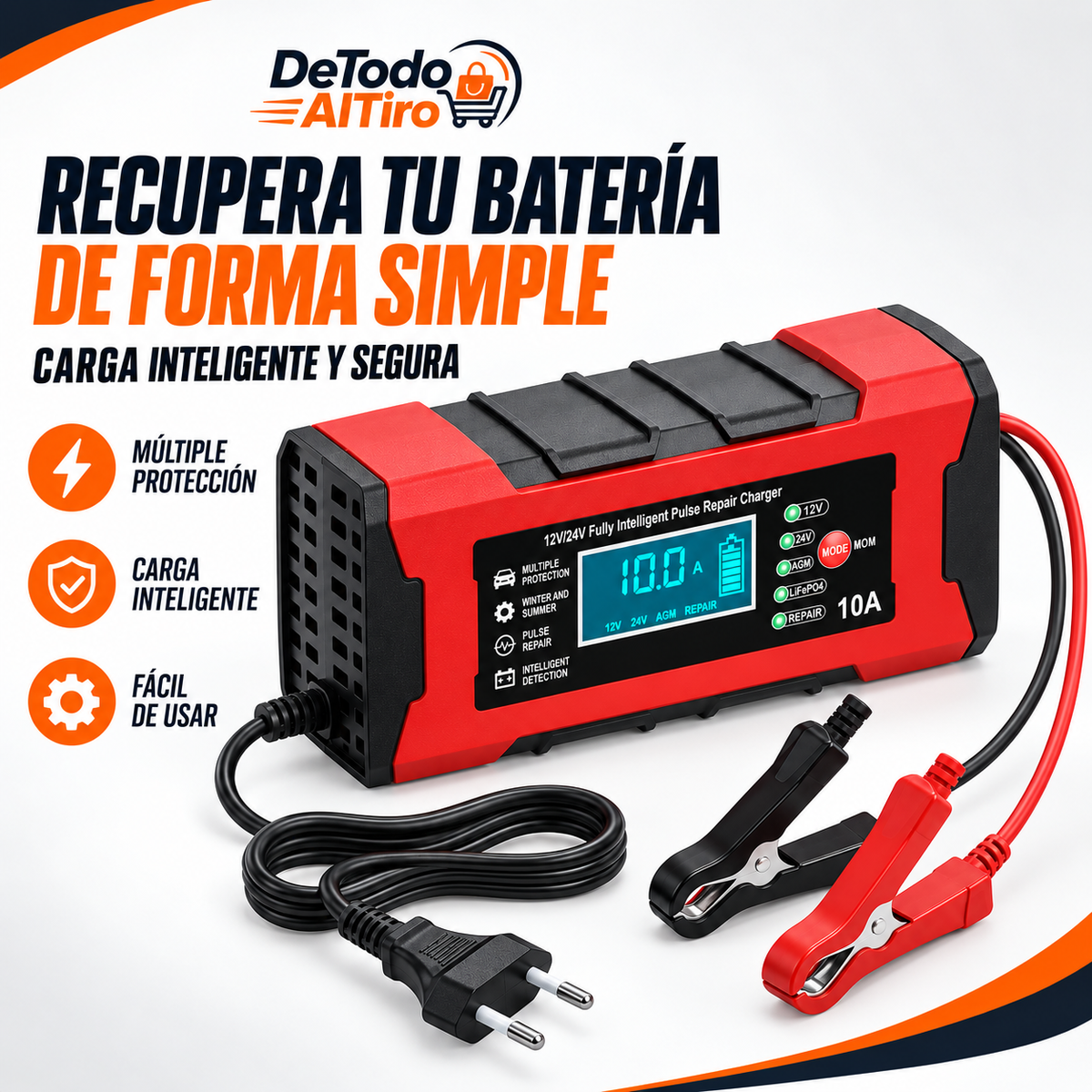 ElectroPulse™ Cargador Inteligente y Restaurador de Baterías